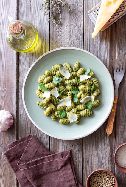 Gnocchi with pesto sauce basil and Parmesan cheese Healthy food Vegetarian food Diet