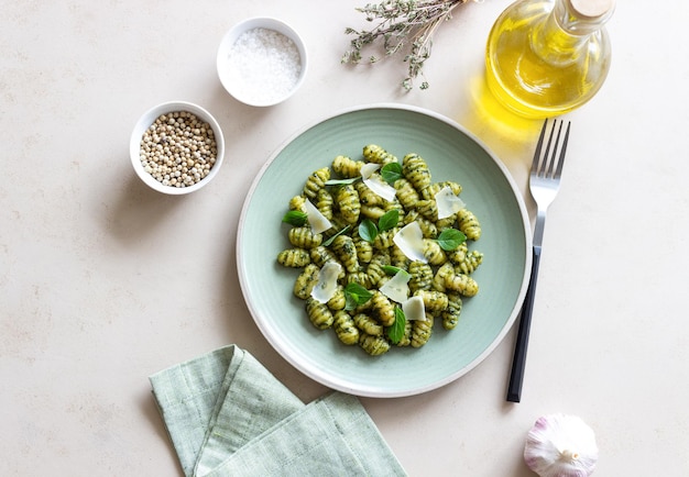 Gnocchi with pesto sauce basil and Parmesan cheese Healthy food Vegetarian food Diet