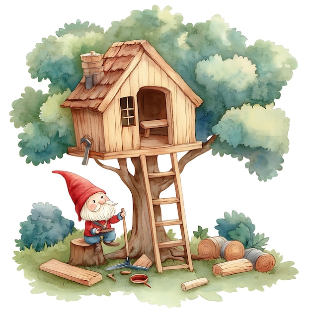 Gnome Building a Treehouse in the Forest