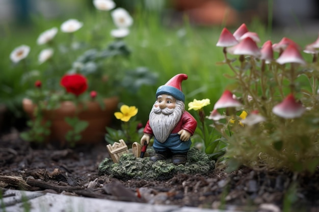 A gnome in a garden with mushrooms and flowers