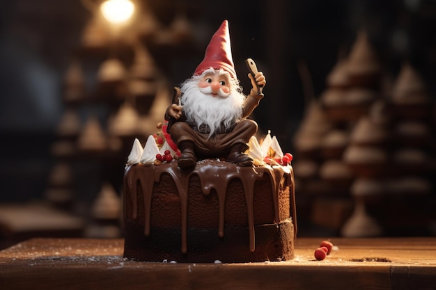 A gnome perched on a chocolate cake