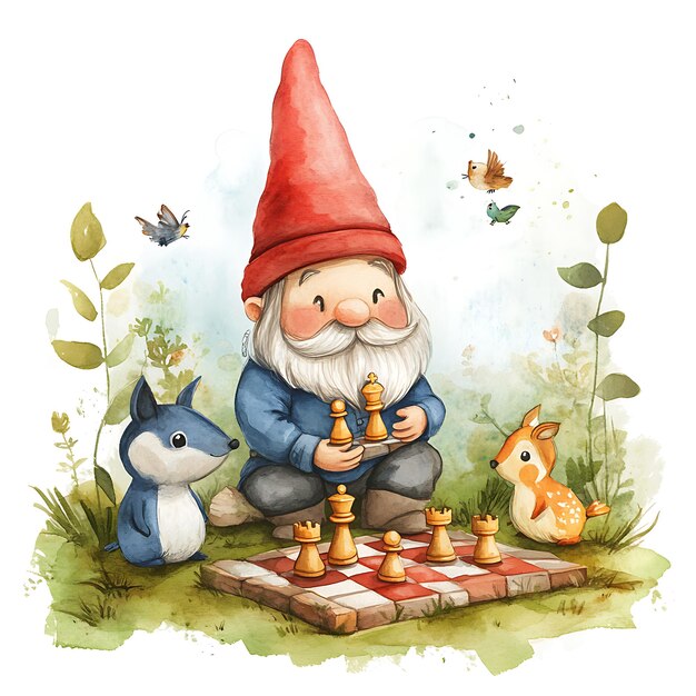 A gnome plays chess with forest animals in a watercolor illustration