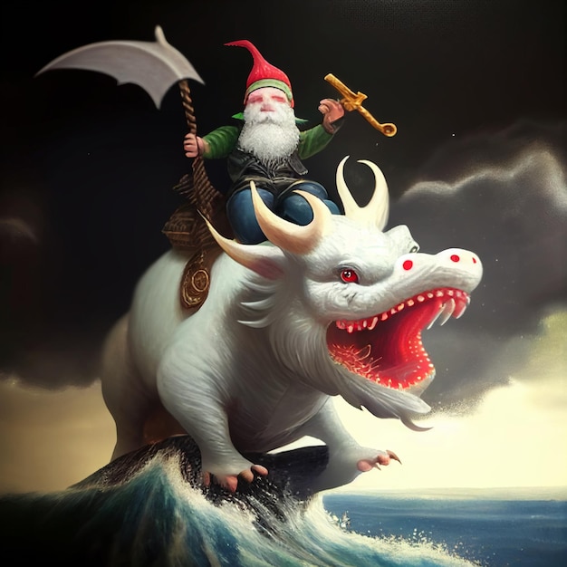 A gnome riding a dragon with a large axe on his back.