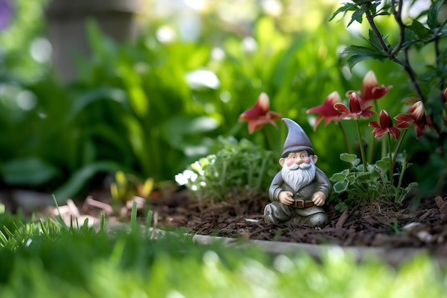 A gnome sits in the garden with a flower bed in the background.