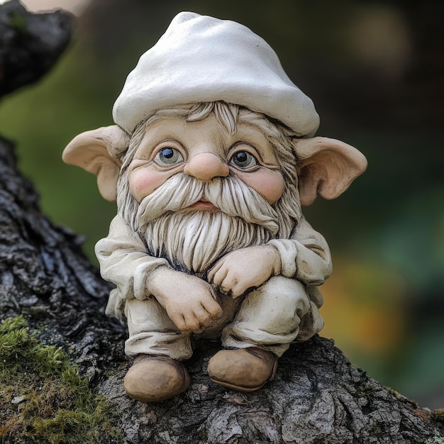 A gnome sitting on a tree branch with moss growing around it AI