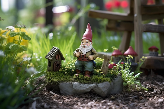 A gnome statue in a garden with a house in the background