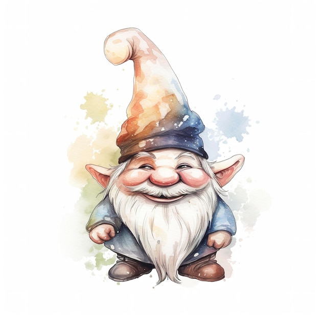 Gnome Watercolor Sticker Joyful Muted Color Retro Contour White Background generat ai