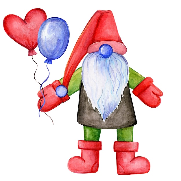 Photo gnome with a balloonsgnome santa claus watercolor illustration