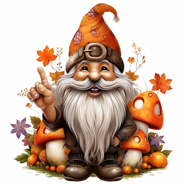 Gnome with a hat and a beard sitting on a pile of mushrooms generative ai