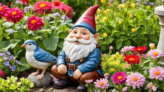 Photo a gnome with a hat and a bluebird sitting in a garden