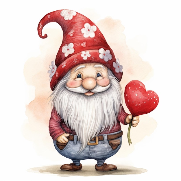 gnome with a heart shaped flower in his hand generative ai