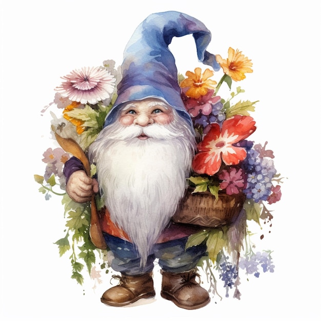 A gnome with a pot of flowers in it