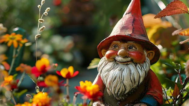 a gnome with a red hat and a red hat is in a garden