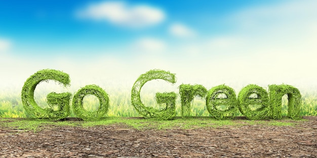 Go Green 3D word made with green grass isolated on blue sky background 3D rendering