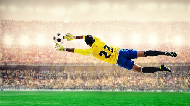 goalkeeper flying in the stadium