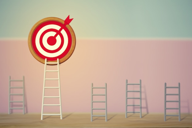 Goals concept: Longest white ladder and aiming high to goal target among other short ladders, depicts excellent performance and stands out from the crowd and thinks differently.