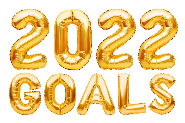 goals phrase made of golden inflatable balloons new year resolution goal list change and determination concept helium balloons foil letters and numbers celebration decoration