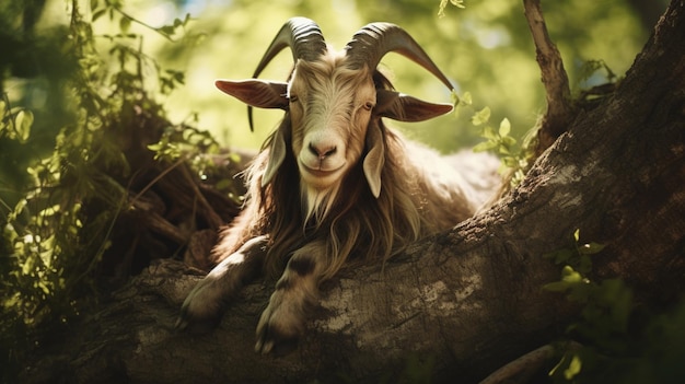 Goat animal laying down on under tree image Generative AI