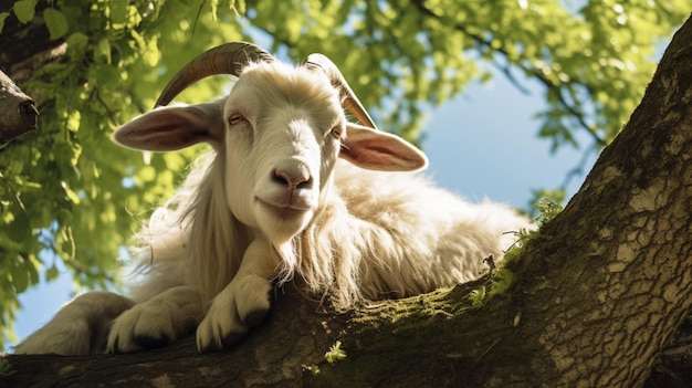 Goat animal laying down on under tree image Generative AI