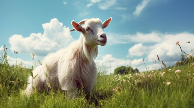 Goat animal laying in over grass image Generative AI