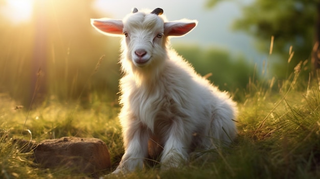 Goat animal laying in over grass image Generative AI