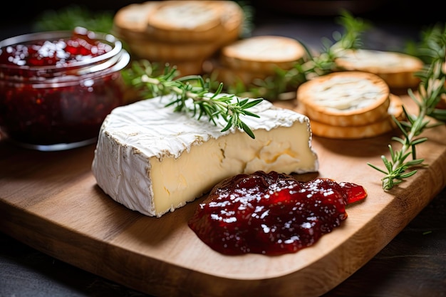 Goat cheese and other cheese with jam on a board