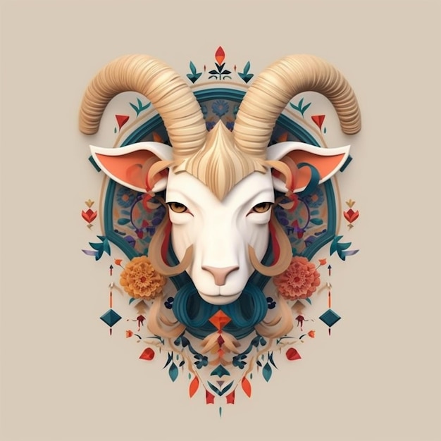 Goat face 3D render illustration with Islamic pattern