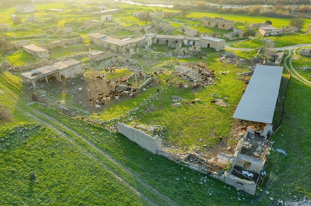 Goat farm in abandoned traditional village in Cyprus view from above