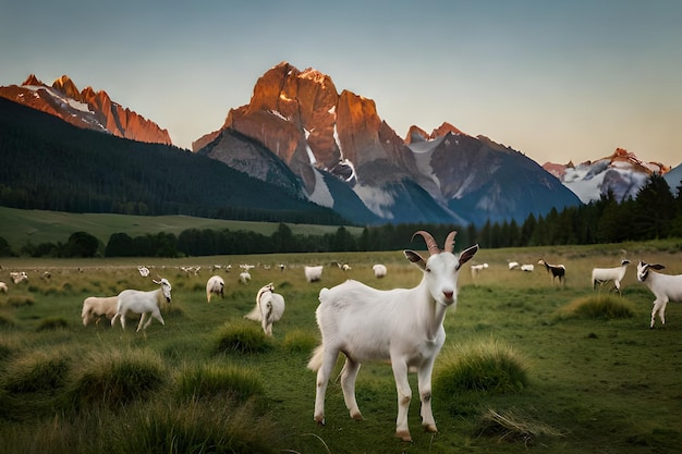 A goat in a field with mountains in the background