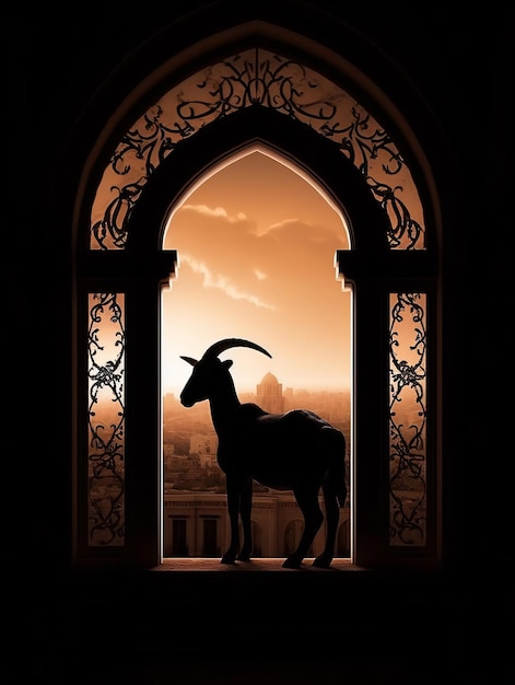 goat goat silhouette in front crescent and mosque wi