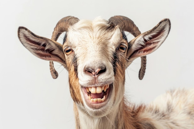 Photo a goat grinning with its teeth showing isolated on a white background