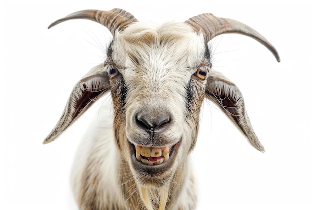 A goat grinning with its teeth showing isolated on a white background