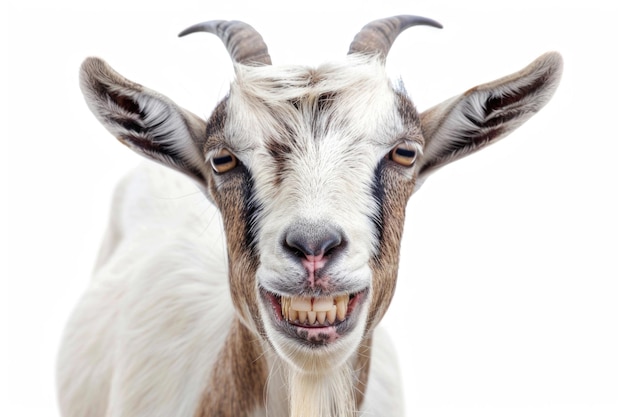 A goat grinning with its teeth showing isolated on a white background