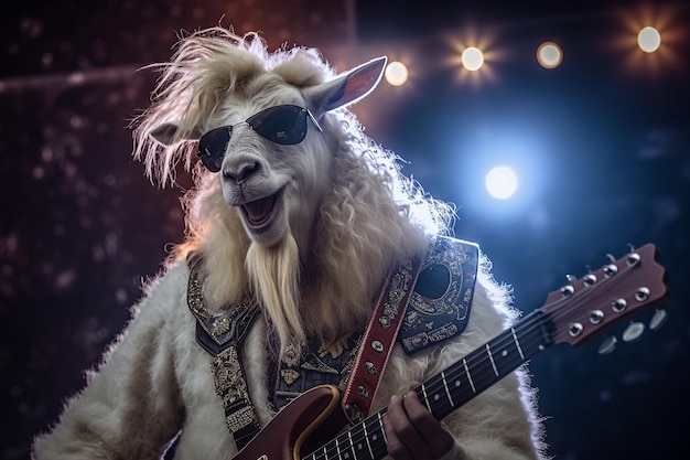 A goat on a guitar is playing a guitar.