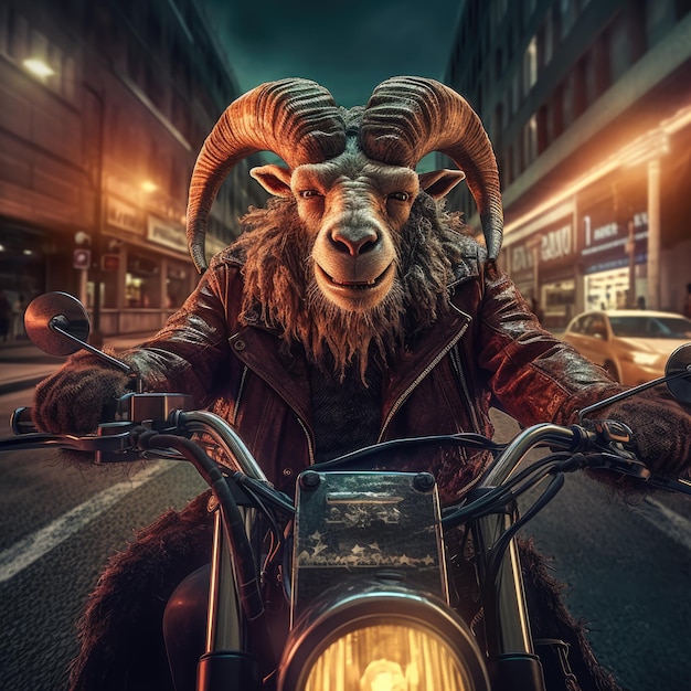 goat at harley davidson bike Humanized animal photo professional view realistic shot