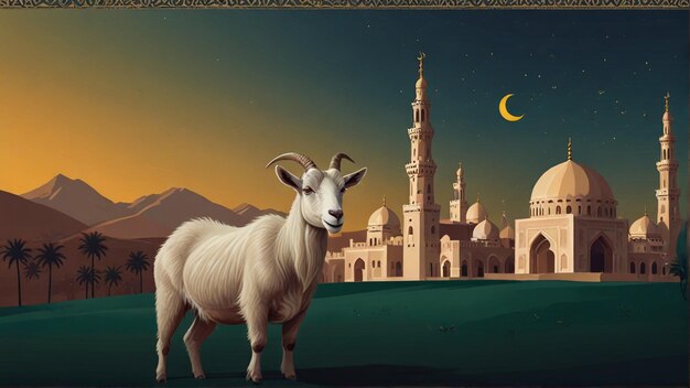 a goat is standing in front of a building with a moon in the background