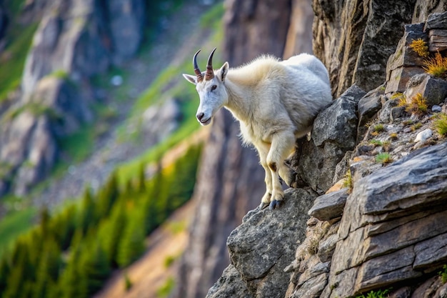 Photo a goat is standing on a rock with trees in the background