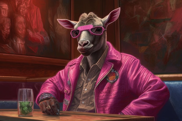 Goat pink gangster in neon bar illustration generative ai