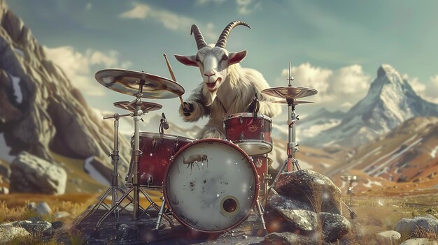 Photo a goat playing a drum with a mountain in the background