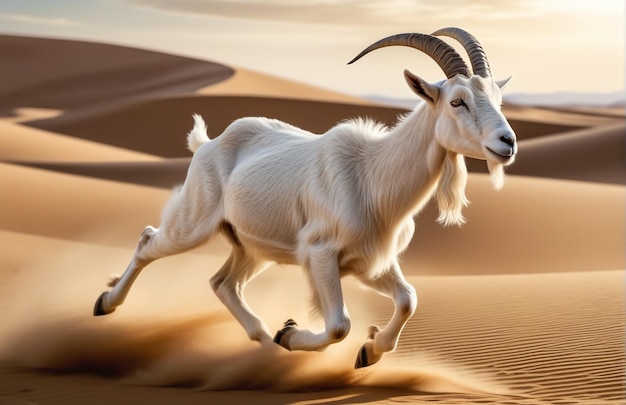 Photo goat running on background track desert nature wildlife and snow