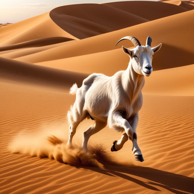 Photo goat running on background track desert nature wildlife and snow