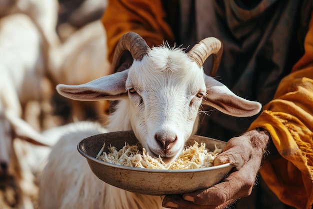 Photo goat seller feeding on the farm