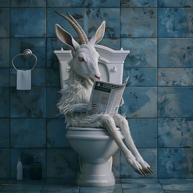 a goat sits on a toilet reading a newspaper