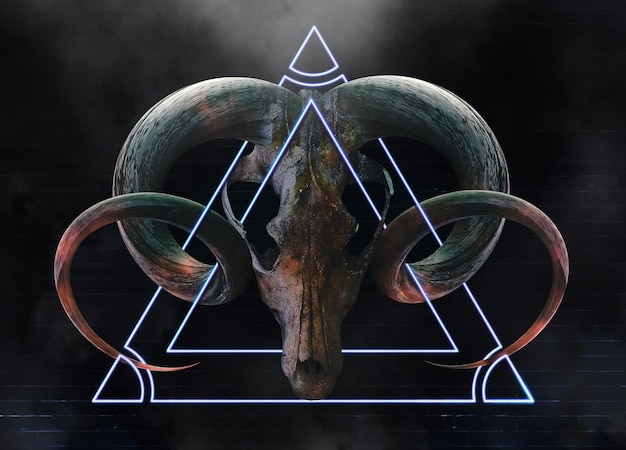 Goat skull with horns on black background and neon triangle 3d Illustration