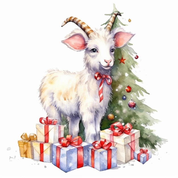 Goat standing on presents near a christmas tree with presents generative ai