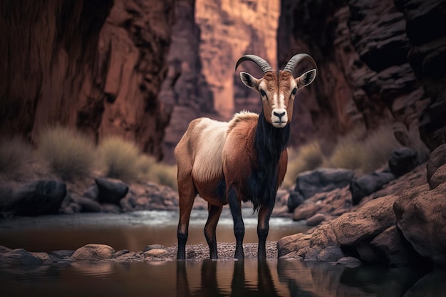 A goat standing in the river with cliffs rock mountain background reflections on the water