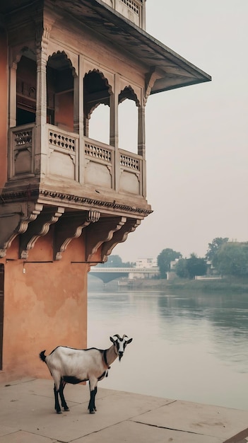 Photo a goat stands in front of a building in the city of ramnagar