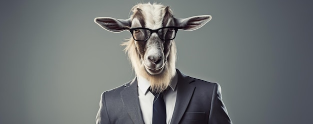 a goat wearing glasses and a suit with a tie and a suit on