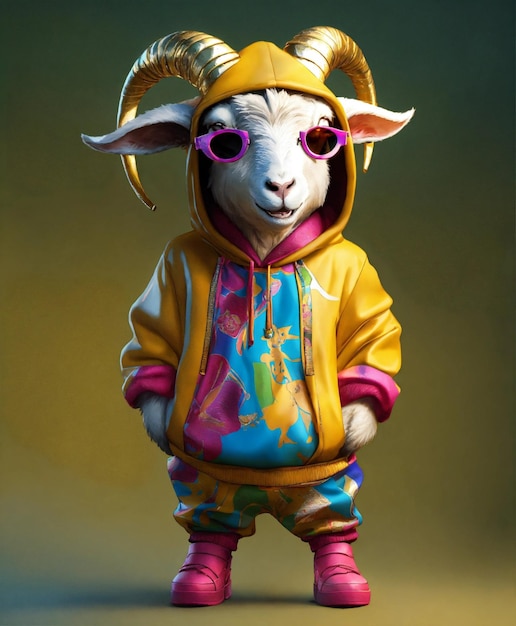 a goat wearing a hoodie and glasses with a hood that says goats