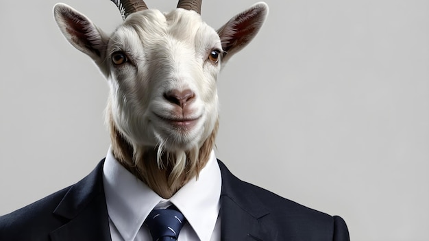 a goat wearing a suit with a tie on a plain white background